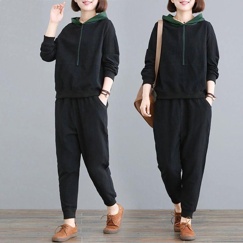Women's Plus Size Hooded Two-Piece Set - Loose Fit, Long Sleeve, Spring/Autumn 2026 Korean Style