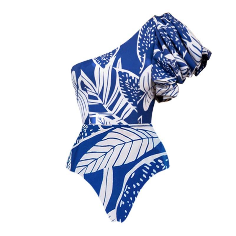 European and American swimwear single shoulder ruffle edge printed one-piece swimsuit vacation suit women s one-piece S