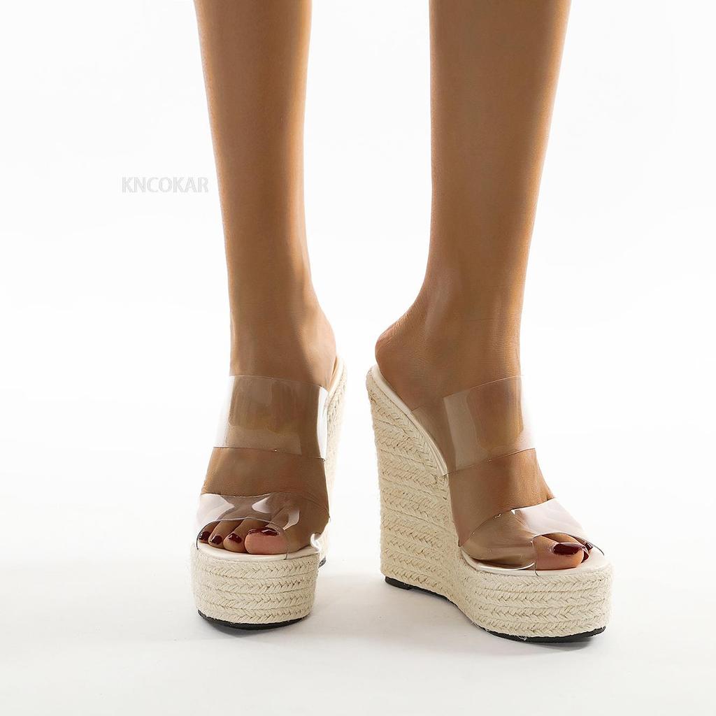 Summer PVC Transparent Peep Toe Cane Straw Weave Slippers Platform Wedges Sandals Women Fashion High Heels Female Shoes