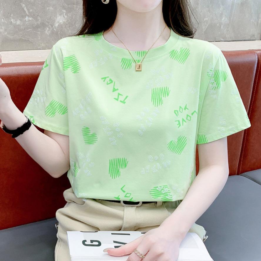 

YYFS Женские модные повседневные летние весенние блузки и рубашки с коротким рукавом и круглым вырезом с принтом «Любовное письмо» XXL зелёный