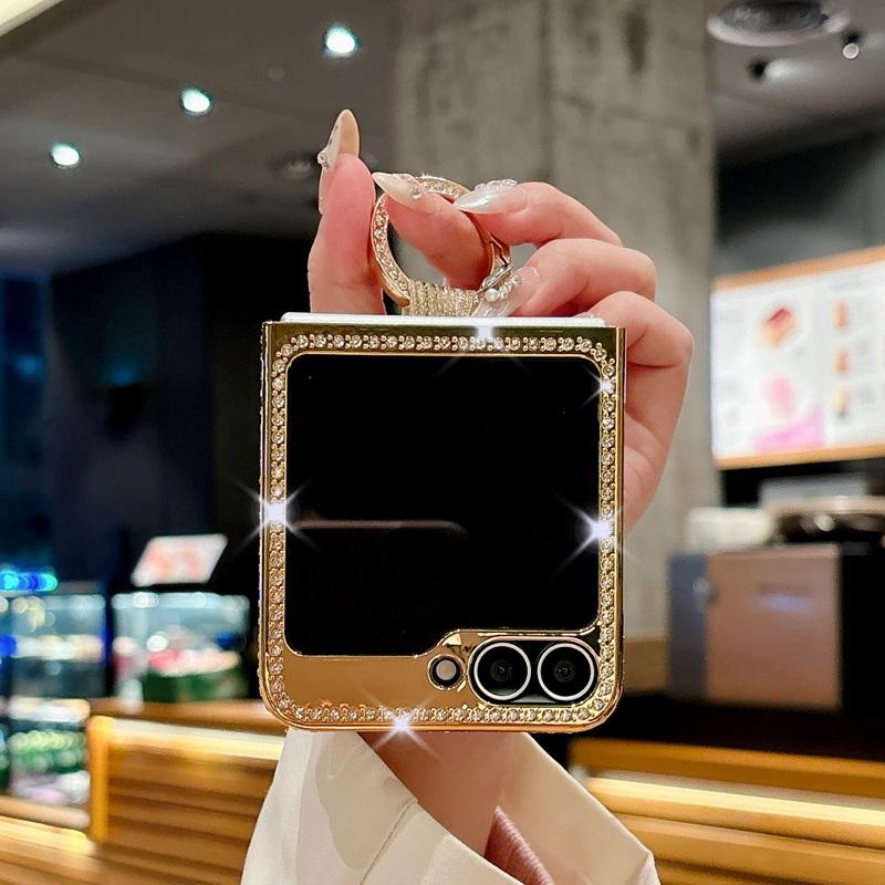Glitter Diamond Frame Plating 2pcs Phone Case For Samsung Galaxy Z Flip6 Flip5 Flip4 Flip3 Luxury Leather Shockproof Metal Ring Hard PC Folding Cover