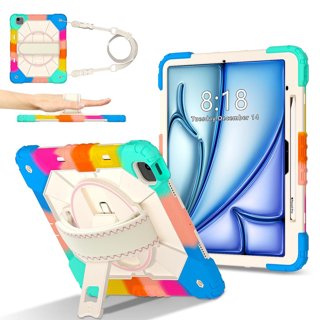 For iPad Air 13 (2025)/(2024) Case Silicone + PC Kickstand Tablet Cover with Handy Strap, Shoulder Strap