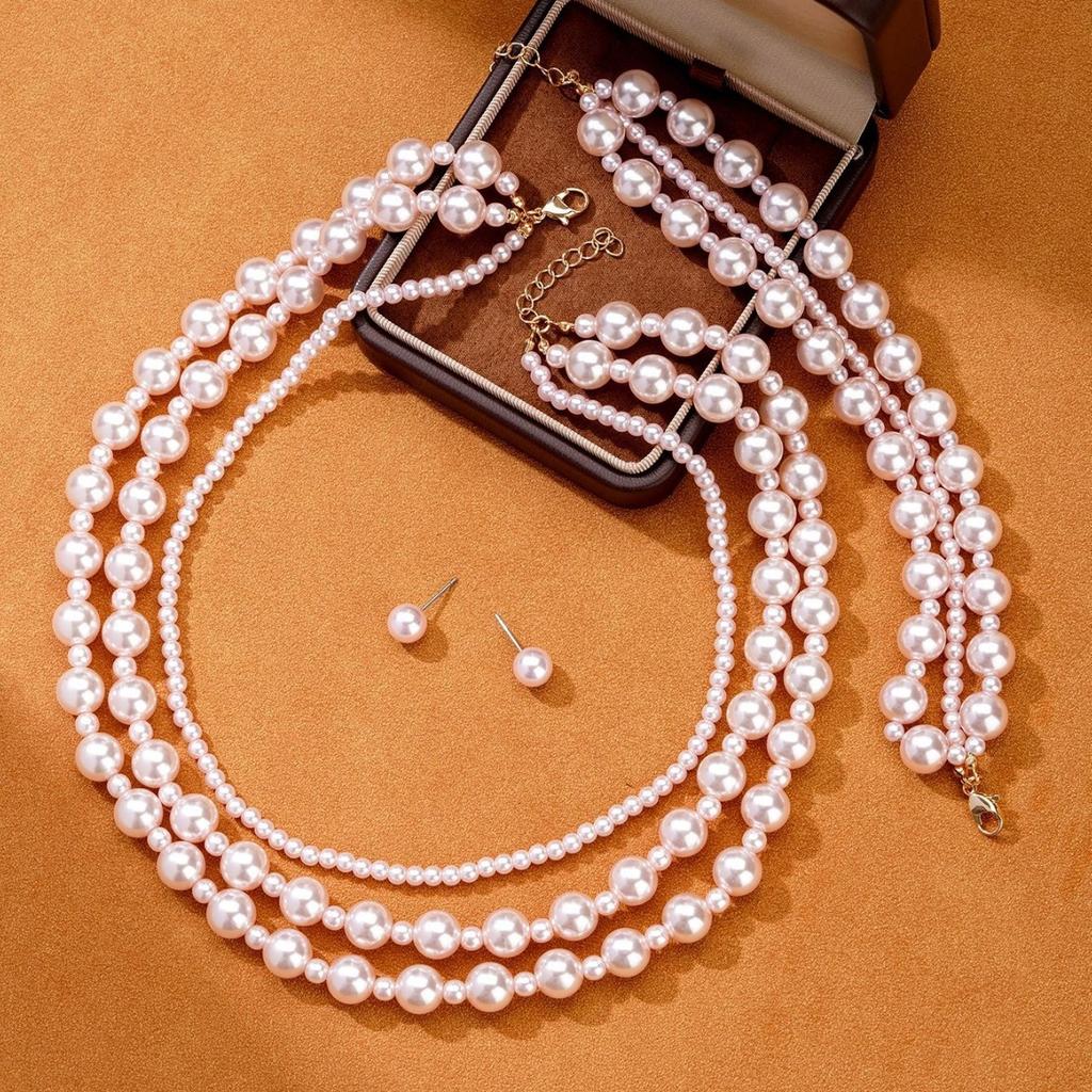 Multi-layer Shijia Pearl Temperament Versatile Elegant Necklace Bracelet Stud Earrings Three-piece Set