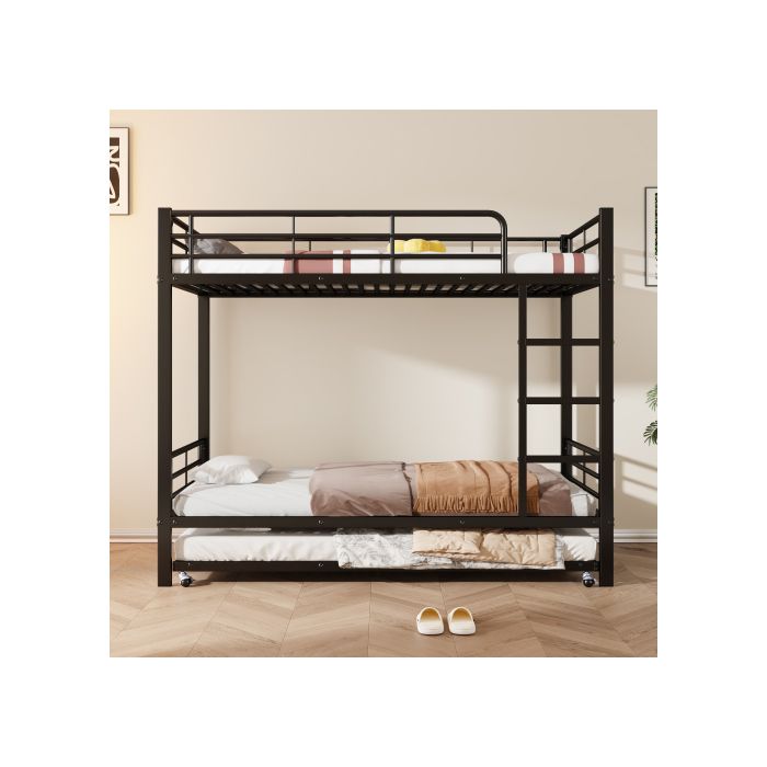 Lit Superposé - MUVOE - 90x200cm & 90x190cm - Métal Noir - 3 Places - Échelle Stable