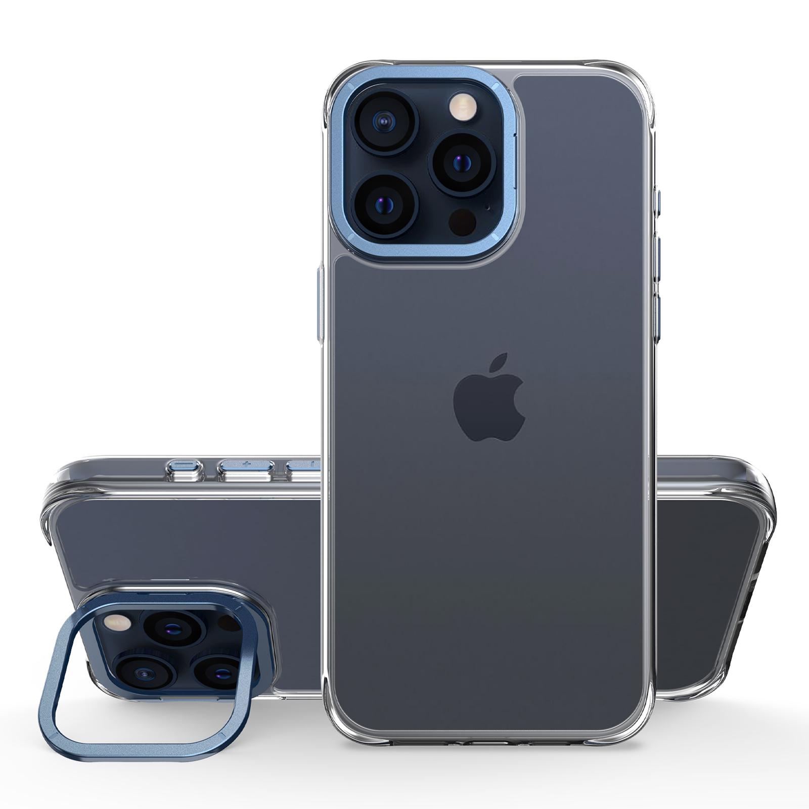 

For iPhone 15 Pro Max Case Shockproof TPU+PC Phone Back Cover with Metal Lens Kickstand Blue