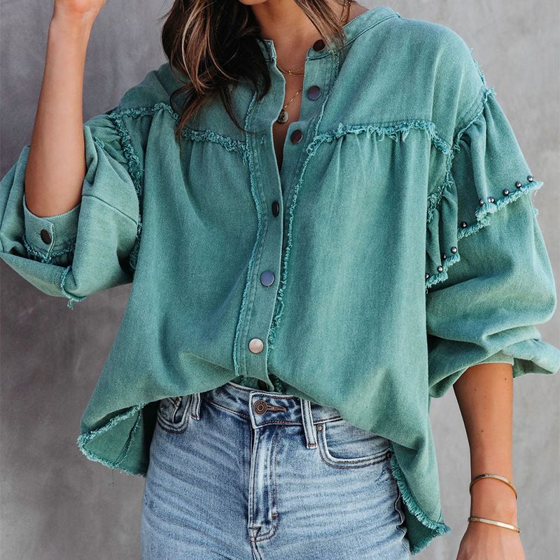 

European and American Personality Street Rivet Lantern Sleeve Lotus Leaf Sleeve Wash Burr Color Denim coat Women Green E20-2 XL
