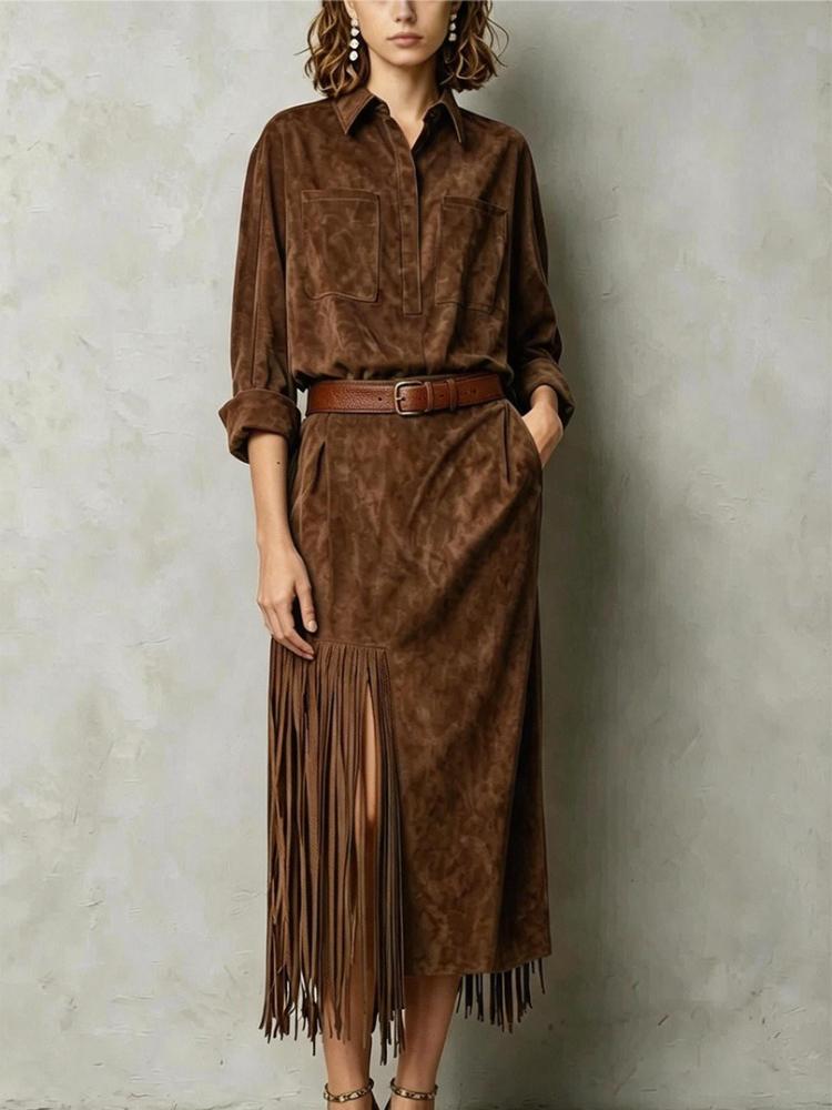 Women's Shirt Collar Long Sleeve Fringe Split Maxi Dress Solid Color Casual Dress