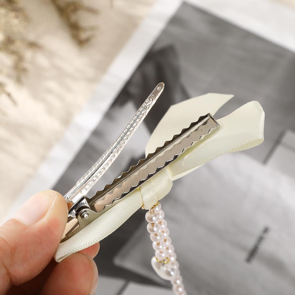 Women's Sweet Double Bow Hair Clip Tiaras Pearl Chain Decorative Hairpin Side Clip Girls Party Fashion Hairpin Hair Accessories