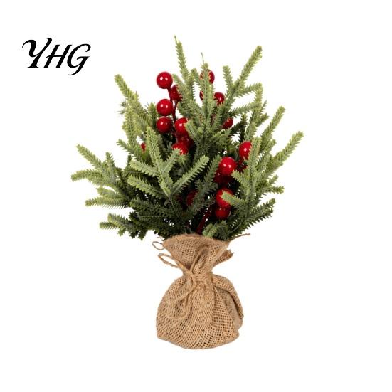 Desktop Holiday Decoration Miniature Christmas Tree with Red Berries, Artificial Mini Pine Burlap Rustic Ornament Base, Tabletop Faux Small Potted for