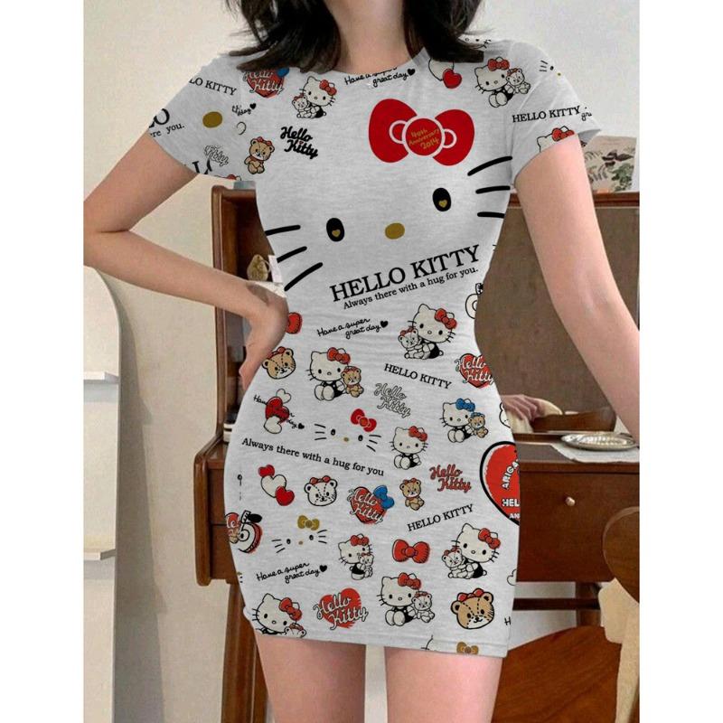Y2k Fashion Women's 2024 Summer Sexy Tight Mini Dress Party Hello Kitty Printed Loose Short Dress