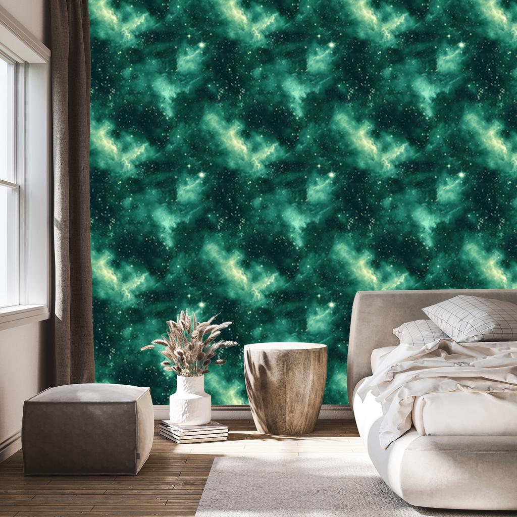 Watercolor Galaxy Wallpaper in Sea, Turquoise and Green 50x1000