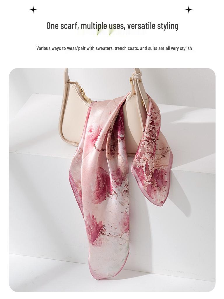 Elegant Pink Rose Mulberry Silk Scarf - Luxury Gift for Mom: Light, Decorative Neckerchief Snood