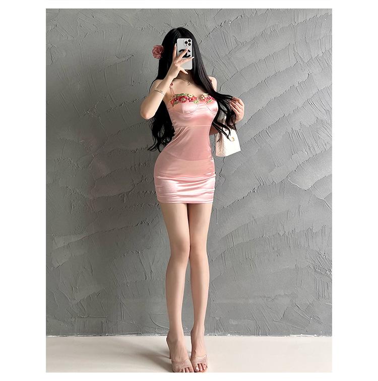 European and American style new pure desire style three-dimensional flower embroidery cup satin suspender nightdress waist thin women's dress