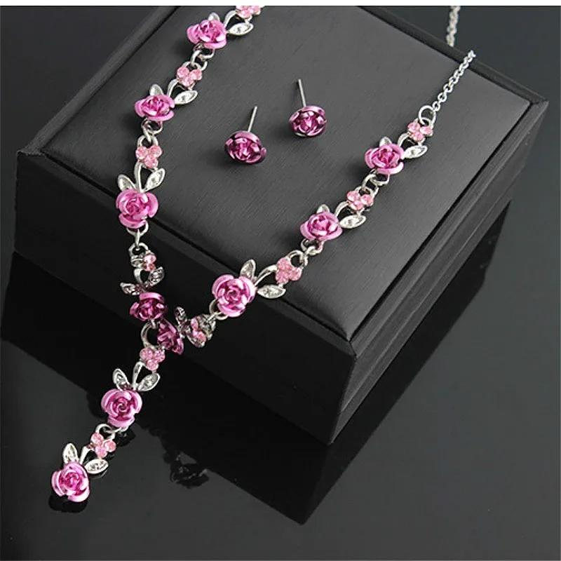 Nowa moda Prosty naszyjnik z zawieszką w kształcie róży na ślub i wesele Zestawy biżuterii kolczyki