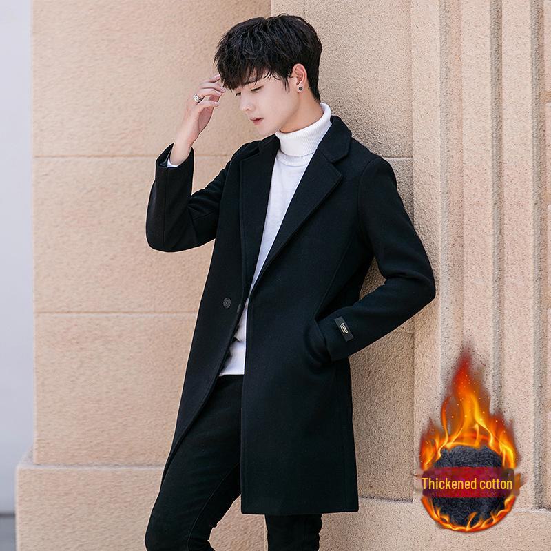 Men's 2022 Korean-Style Woolen Windbreaker Coat with Plus Velvet Long Jacket.