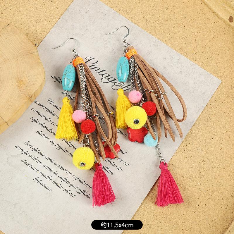Pompom Earrings Women's Long Personalized Colored Hairball Stud Earrings Vintage Bohemian Vacation Fringed Earrings