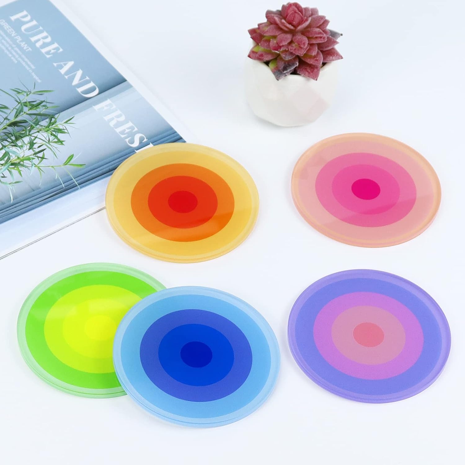 

5pcs Acrylic gradient color coasters round heat-resistant coasters table decor beverage coasters, coffee coasters home decor 9.8 cm