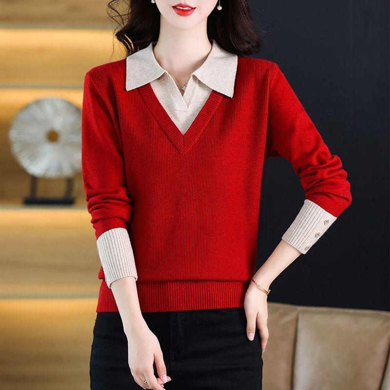 Autumn Winter Fake Two-piece Women Sweaters  Knitted Pullovers Jumper Female Sweater Casual Long Sleeve Knitwear
