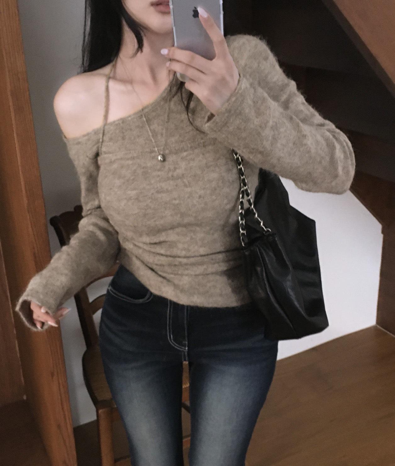 Korean Chic Off-Shoulder Knit Top & Camisole Set - Early Spring/Autumn Women s Slim Fit Design One Size