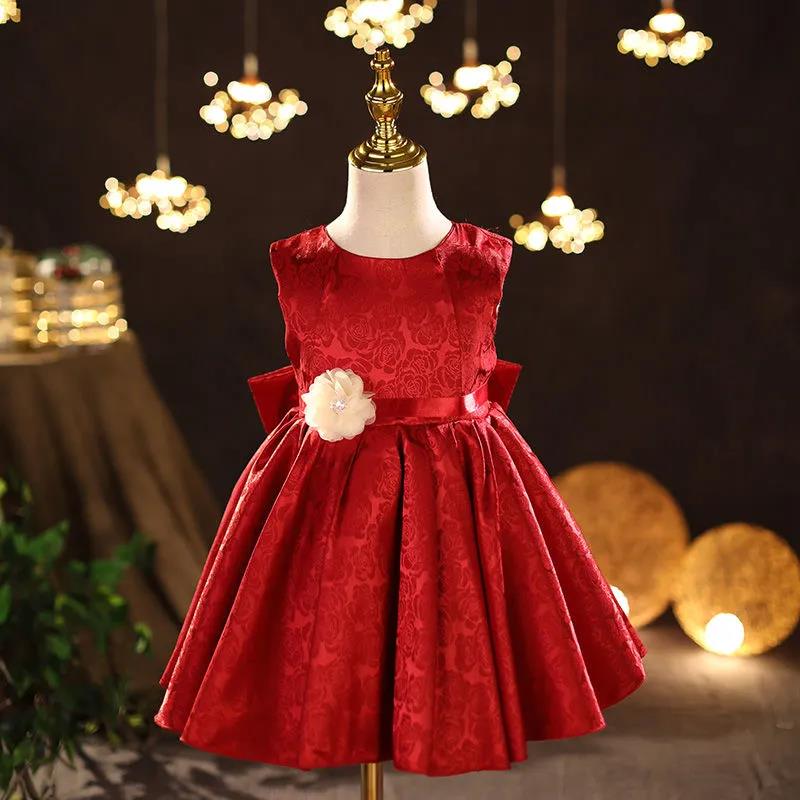 

Красное детское вечернее платье, свадебное платье с цветочным узором для девочек, юбка принцессы, милая темпераментная юбка-пачка для девочек, с круглым вырезом, без рукавов, на талии 80