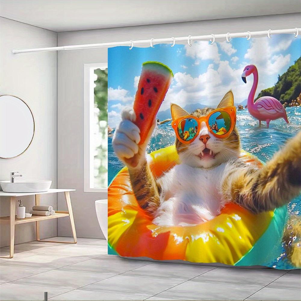 Funny Cat with Sunglasses Waterproof Mildew-Resistant Shower Curtain - Tropical Beach Design for a Playful Bathroom Décor
