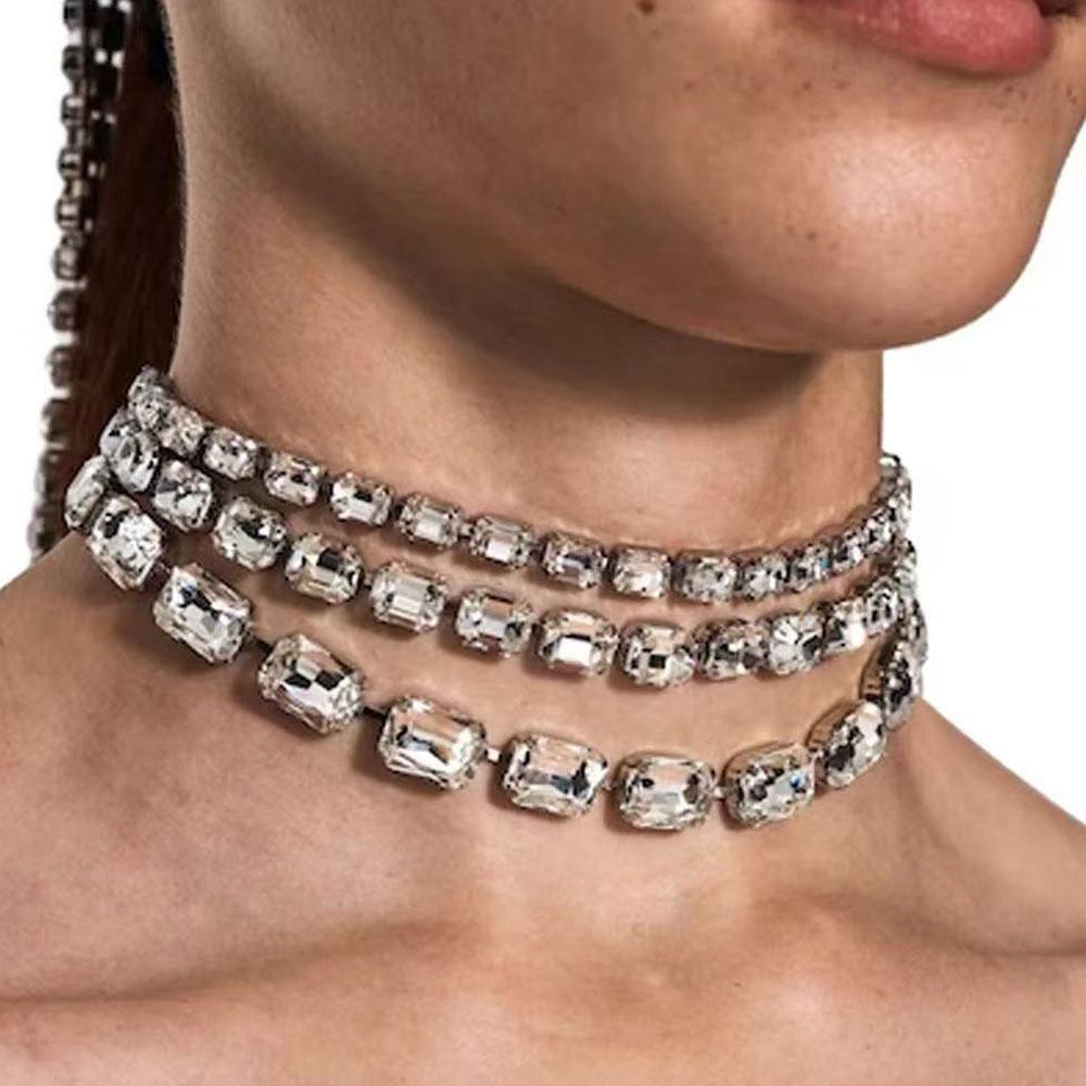 European and American Oversized Crystal Multi-layered Exaggerated Full Diamond Necklace, Luxurious Sparkling Rhinestone Collar Necklace