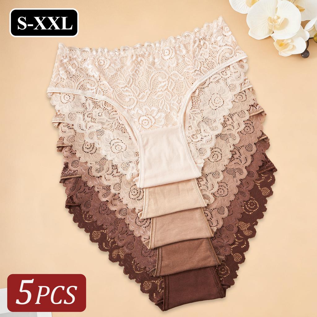 5 pezzi/set vendita calda nuovo cotone donna intimo elegante pizzo floreale mutandine traspiranti tinta unita scava sexy slip lingerie
