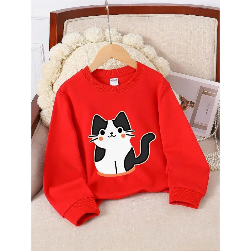 Kids Sweatshirt - Cute Cat with Black And White Pattern Machine Washable, Spring And Autumn, Sportswear And Casual Wear, Soft And Comfortable