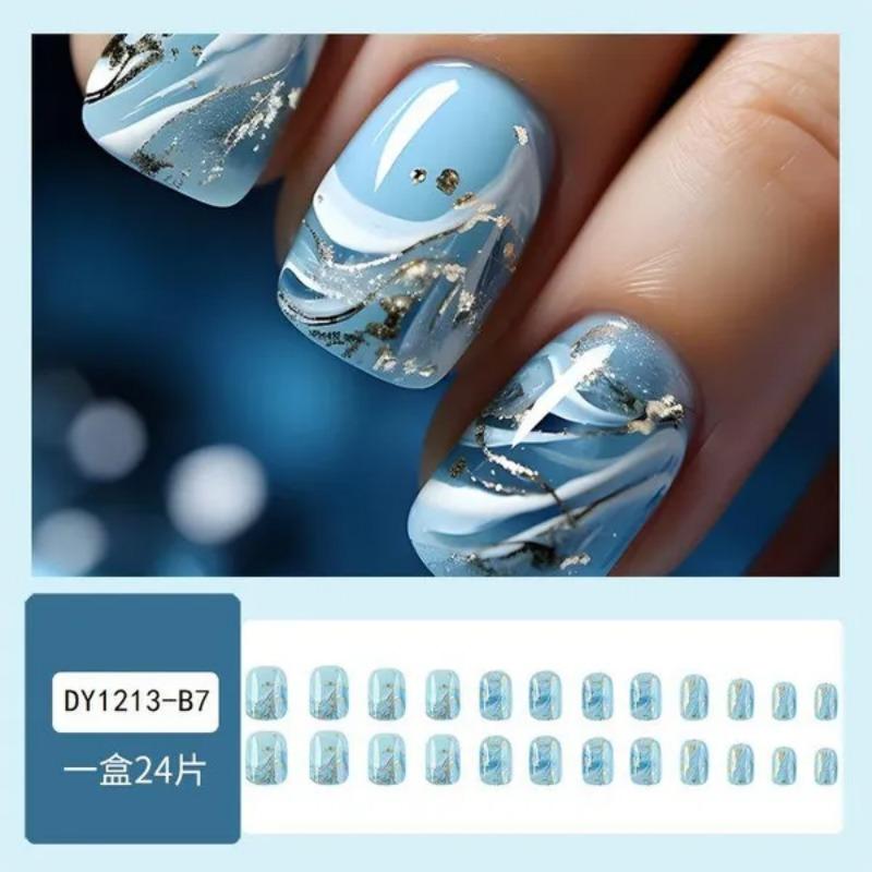 24Pcs Gradient Wine Red Marble Fake Nails Short French Ballet False Nails Press On Nails Medium Full Cover Acrylic Nail Tips