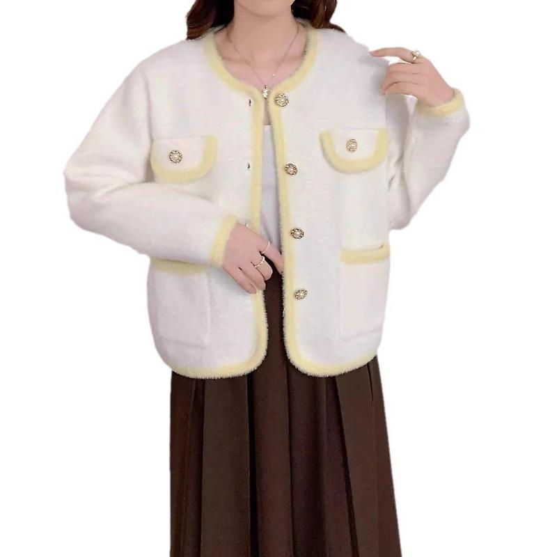 Temperament commuting imitation mink velvet knitted cardigan women's autumn and winter new contrasting color age-reducing sweater jacket