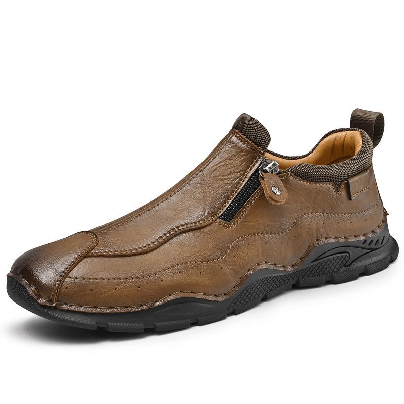 Men's Plus Size Leather Slip-On Shoes with Side Zipper - Lightweight, Breathable, and Handmade for Casual Wear