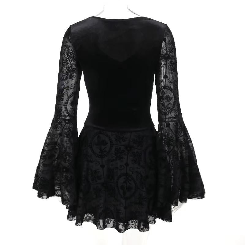 Gothic Goth Dark Elegant Vintage Velvet Dress Grunge Punk Bandage Women Flare Sleeve Party Outfit
