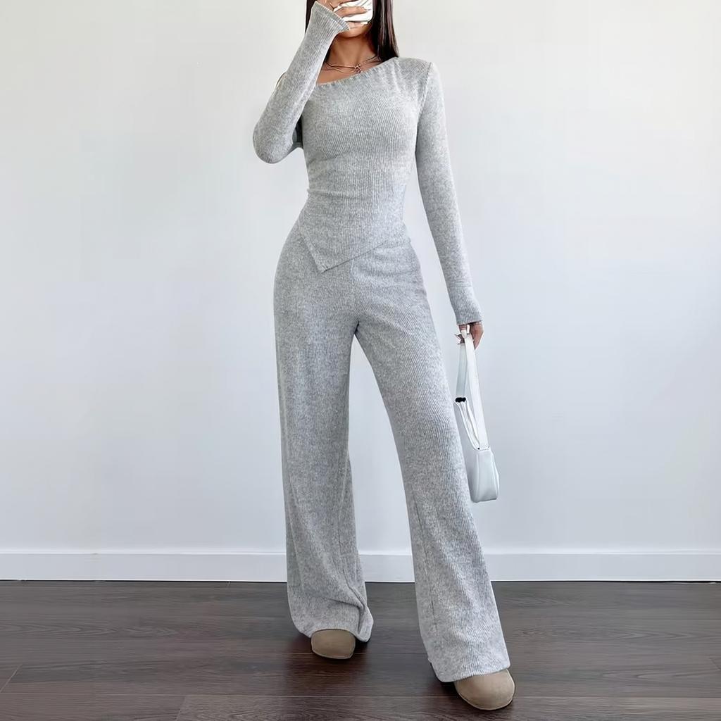 Women's 2-Piece Off-Shoulder Long Sleeve Top and Elastic Waist Pants Set, Color Irregular Hem Casual Outfit for Daily Wear