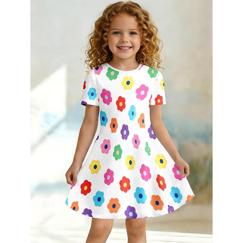 Süßes Ganzseiten Buntes Blumenmuster Mädchen Freizeitkleid mit Einfachem Blumendesign Kurzärmeliges Kleid Geeignet für Geburtstagsgeschenke