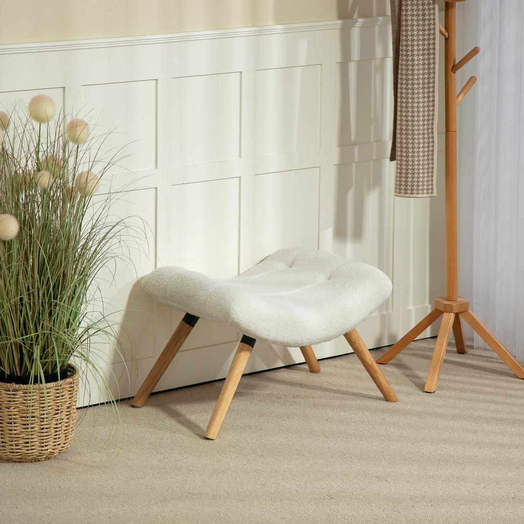 Moderner Hocker mit Fleecebezug und Holzbeinen, gepolstert, für Wohnzimmer, Schlafzimmer, Flur, Cremeweiß