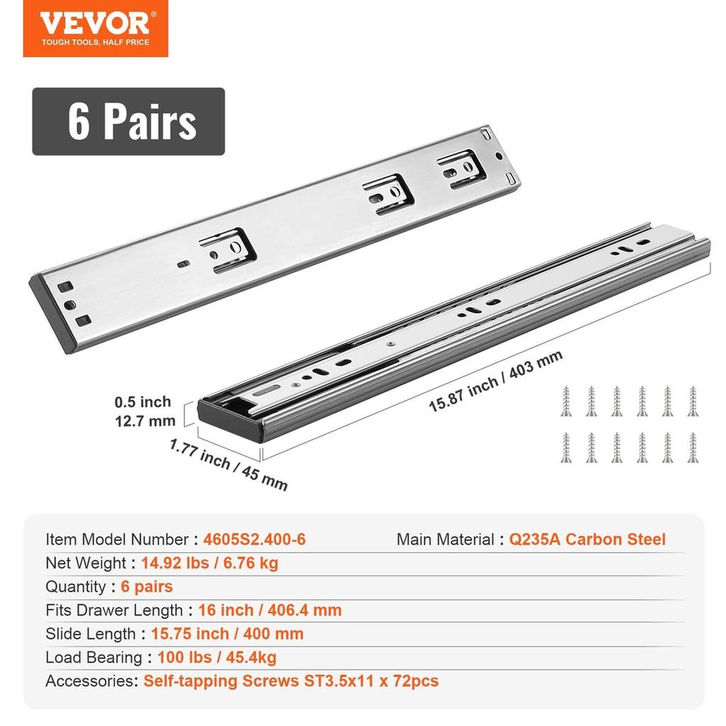 6 Pairs of 406.4mm Drawer Slides Side Mount Rails, Heavy Duty Full Extension Steel Track, Soft-Close Noiseless Guide Glides Cabinet Kitchen Runners