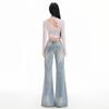 Ice Blue Women's Low-Waist Slim Fit Micro Flare Jeans - 2025 Trendy Extended Length Cropped Pants