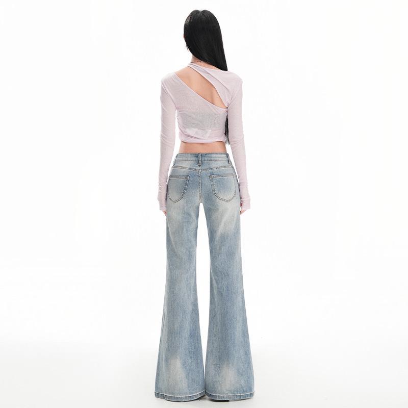 Ice Blue Women's Low-Waist Slim Fit Micro Flare Jeans - 2025 Trendy Extended Length Cropped Pants
