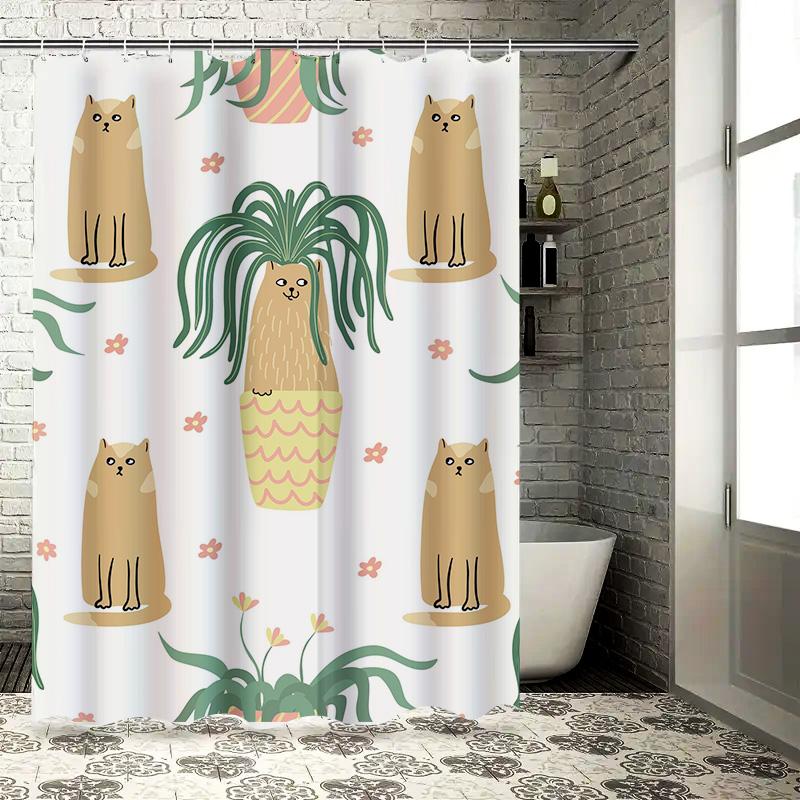 Boho Cat Shower Curtain Bohemian Bathroom Decor with Pineapple Potted Plant Print for Kids Bathrooms White Fabric Waterproof Han