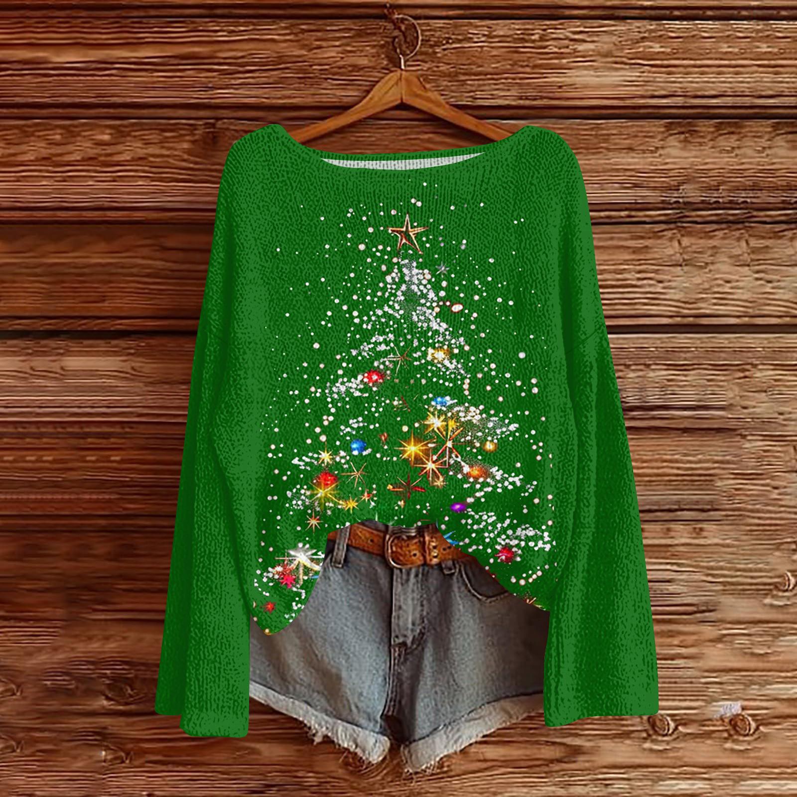 

Women s Casual Fashion Round Neck Top Christmas Print Long Sleeve Knit Pullover S