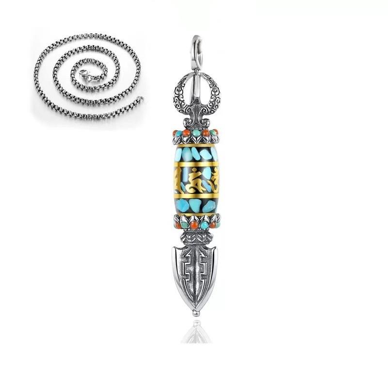 Rotating Dorje Pendant Necklace With Turquoise Bead Om Mani Padme Hum Inscription Men Women Boho Chic Jewelry