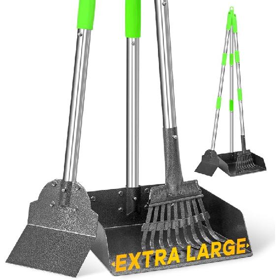 TOOGE Larger Pooper Scooper, Dog Pooper Scooper for Large Medium Small Dogs Heavy Duty Long Handle Metal Tray Rake Shovel Set for Yard Grass 1. Rake & Shovel & Large