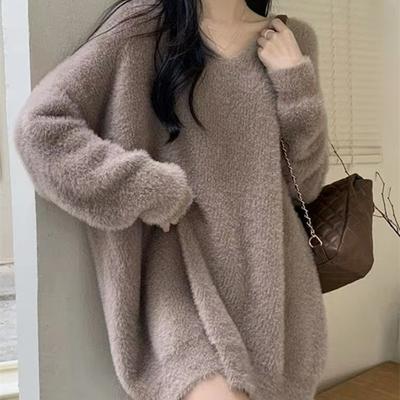 Imitation Nerzfleece Weicher Wachsartiger Pullover Damen Herbst und Winter Lazy Style V-Ausschnitt Locker und Dünn Mittellanger Überzieh-Pullover