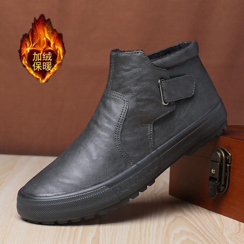 Men'S Shoes High-Top One-Pedal Leather Shoes Martin Boots Velvet Thermal Cotton Shoes Men'S Snow Boots Trendy Shoes