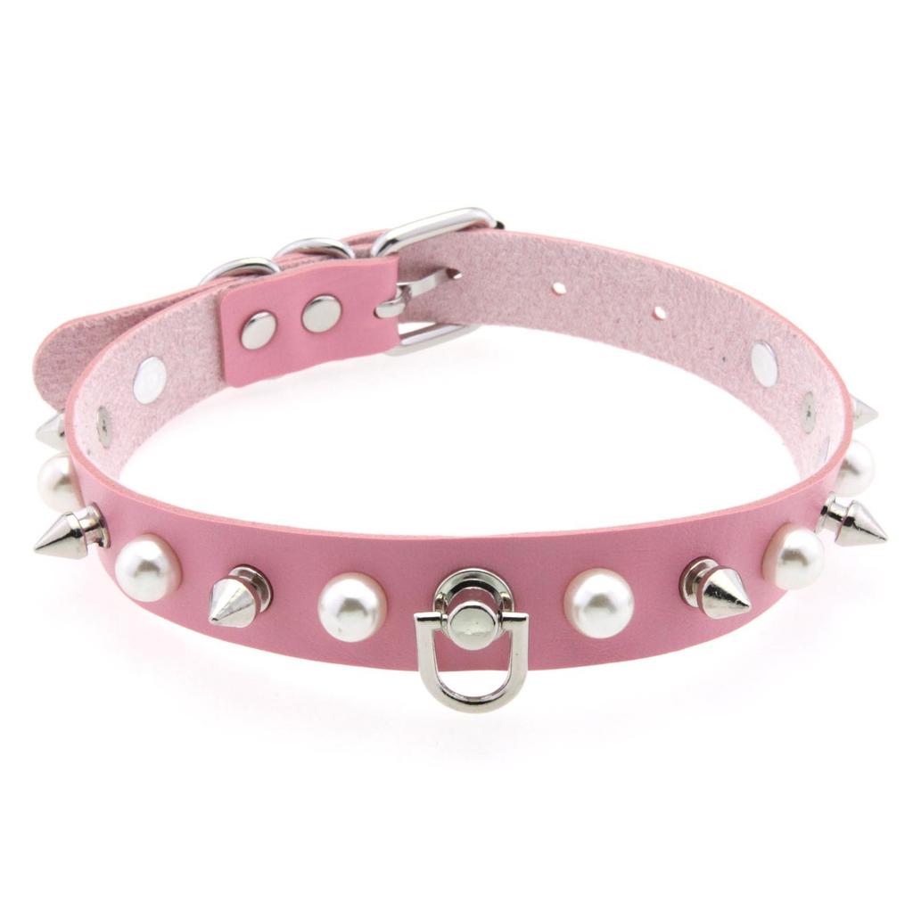 Alloy Spike D-ring Choker, Faux Pearl Rivet D Buckle Leather Clavicle Necklace