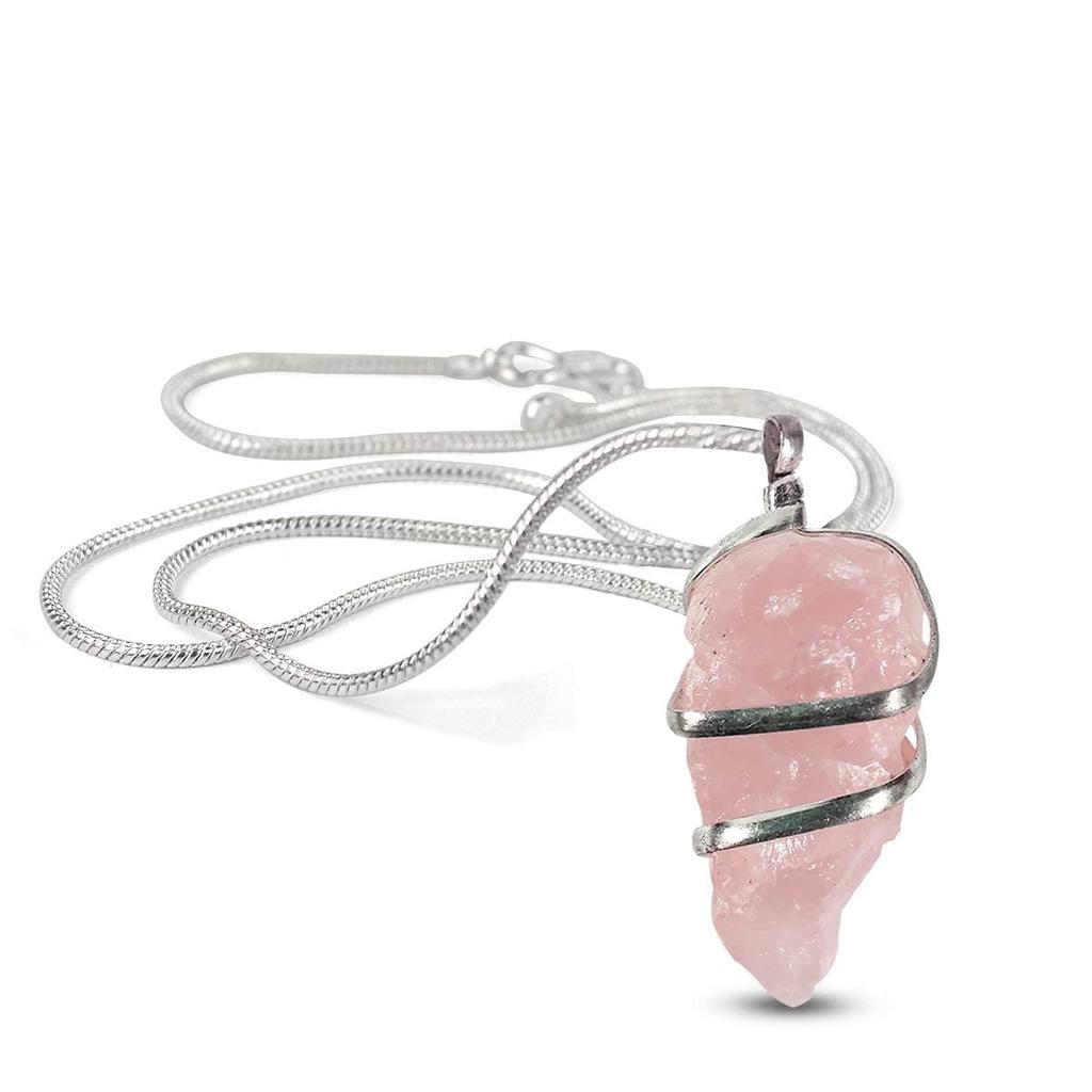 Reiki Rose Quartz Pendant Natural Wire Wrapped Crystal Stone Pendant with Metal Chain Size 30-35 Mm Approx. (Pink)