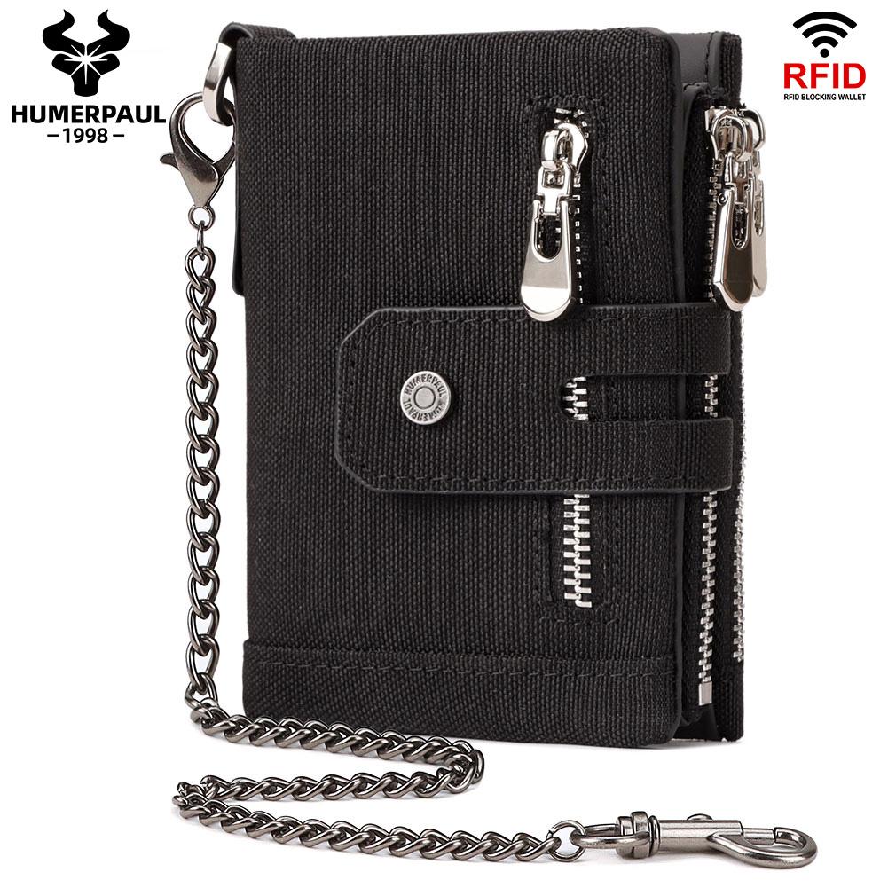HUMERPAUL Men cowhide wallet Oxford cloth RFID anti-theft credit card bag coin purse with chain wallet with photo window