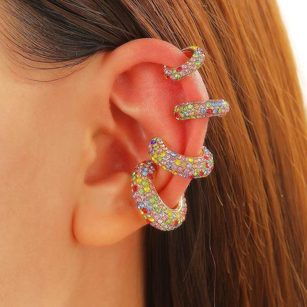 Retro Fashion C-Shaped Bling Ear Clips with Colored Diamonds - Trendy No-Pierce Earrings
