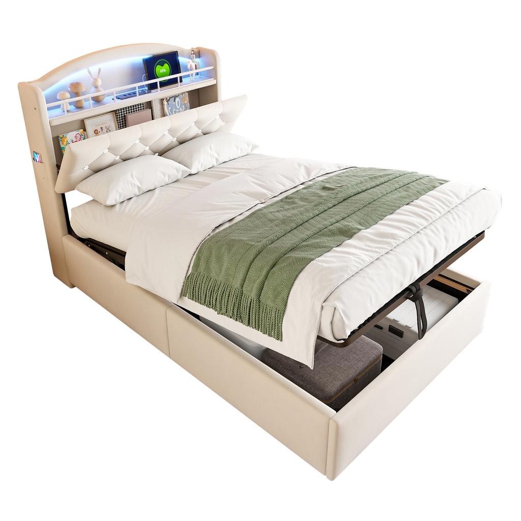 Children's Upholstered Bed 90x200, Velvet Single Bed Multifunctional Bed with Storage with LED and USB Beige