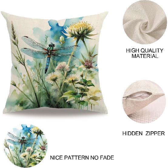 7COLORROOM Dragonfly Pillow Covers 18 X 18 Inch Wildflowers Color Dragonfly Cushion Covers Flower Holiday Rustic Farmhouse Decoration 2Pack for Sofa